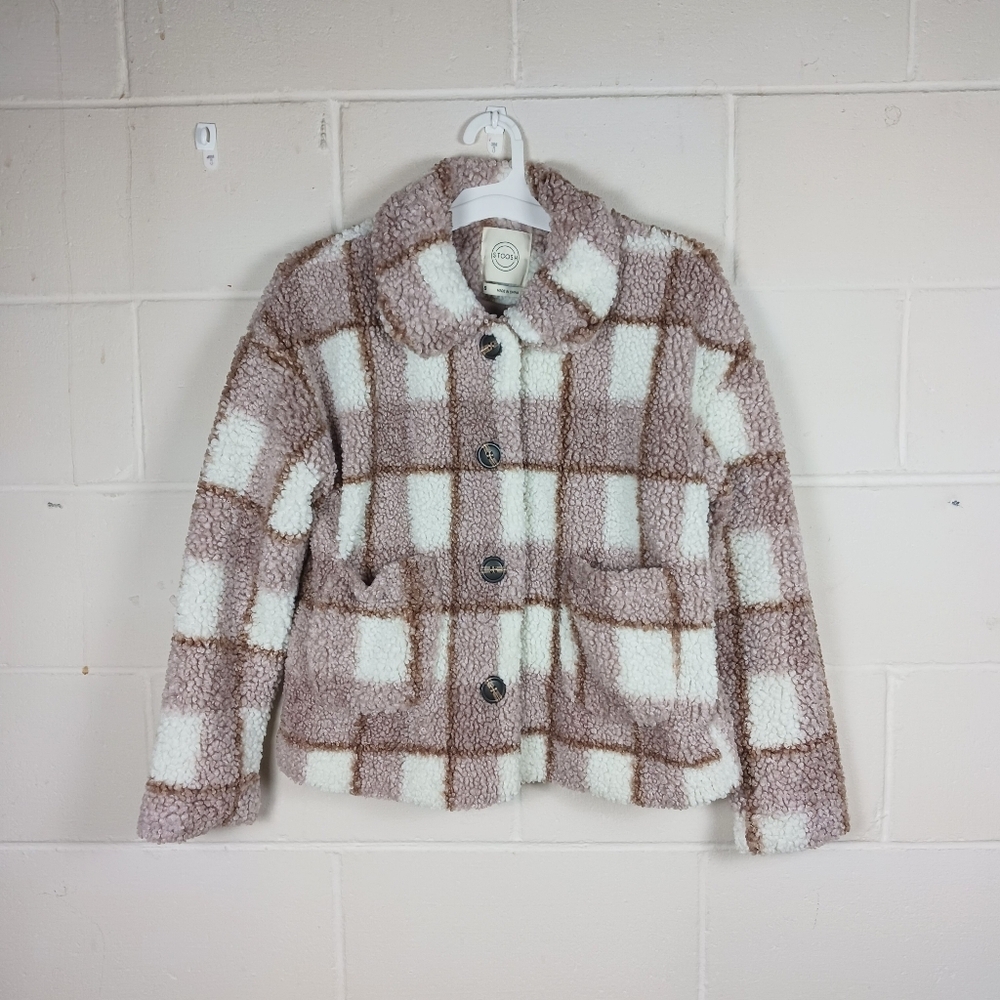 Stoosh Womens Pink White Plaid Sherpa Teddy Bear Coat Jacket Size Small